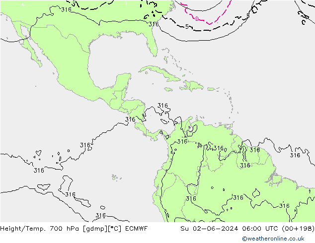 Height/Temp. 700 hPa ECMWF So 02.06.2024 06 UTC