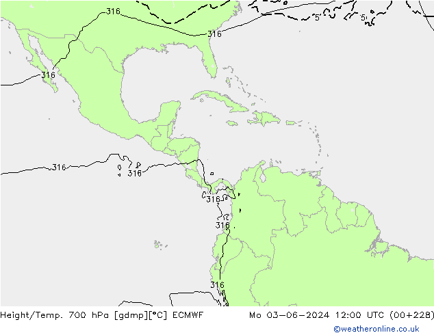 Height/Temp. 700 гПа ECMWF пн 03.06.2024 12 UTC