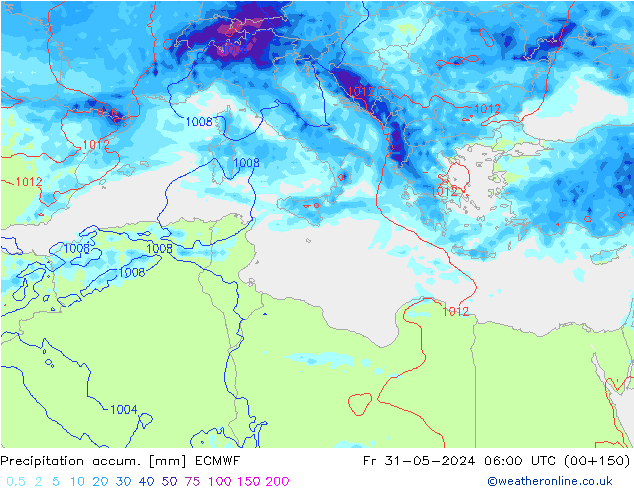Precipitation accum. ECMWF Pá 31.05.2024 06 UTC
