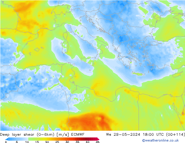 Deep layer shear (0-6km) ECMWF mer 29.05.2024 18 UTC