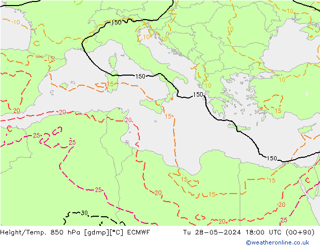 Z500/Rain (+SLP)/Z850 ECMWF вт 28.05.2024 18 UTC