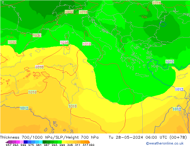 Thck 700-1000 hPa ECMWF mar 28.05.2024 06 UTC