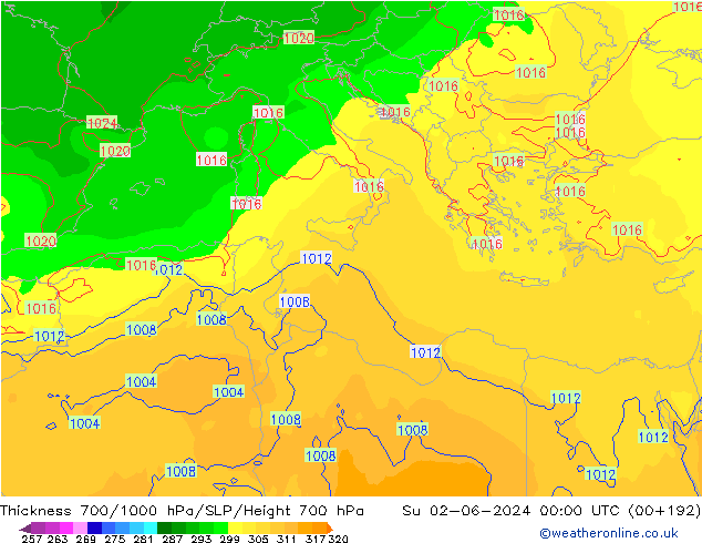 Thck 700-1000 hPa ECMWF Su 02.06.2024 00 UTC