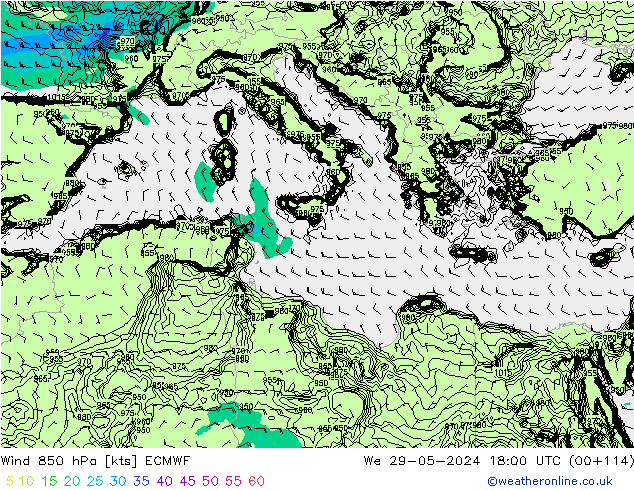 Vent 850 hPa ECMWF mer 29.05.2024 18 UTC