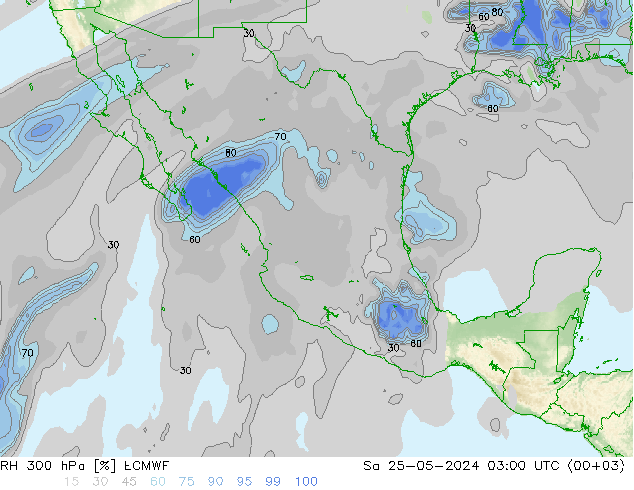 Humedad rel. 300hPa ECMWF sáb 25.05.2024 03 UTC