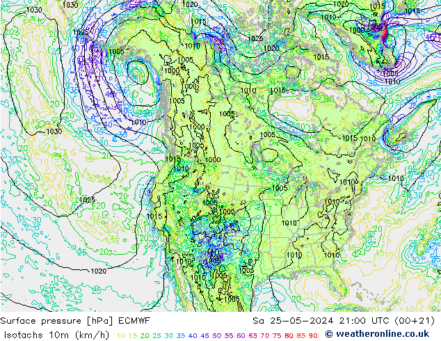 Isotachen (km/h) ECMWF Sa 25.05.2024 21 UTC