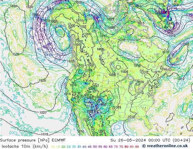 Isotachs (kph) ECMWF Ne 26.05.2024 00 UTC