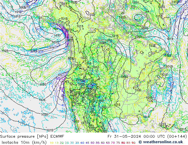 Isotaca (kph) ECMWF vie 31.05.2024 00 UTC