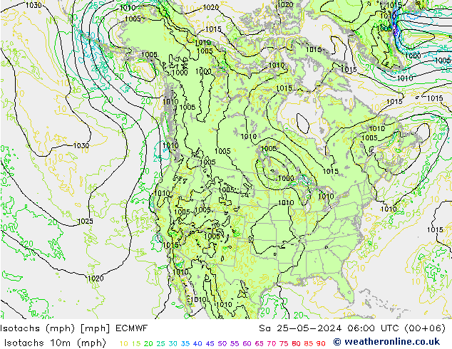 Isotachen (mph) ECMWF za 25.05.2024 06 UTC