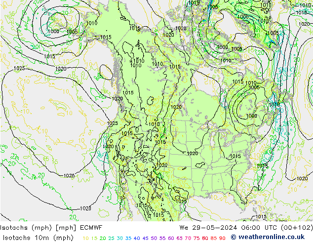 Isotachs (mph) ECMWF We 29.05.2024 06 UTC