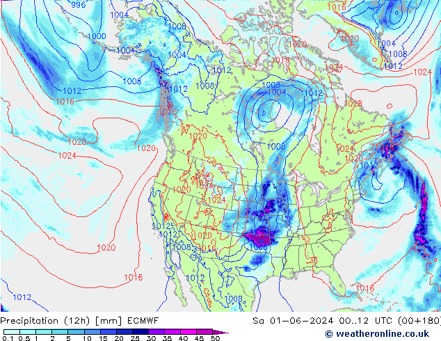 Precipitation (12h) ECMWF Sa 01.06.2024 12 UTC