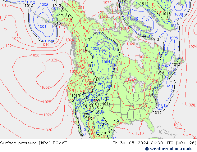 pressão do solo ECMWF Qui 30.05.2024 06 UTC