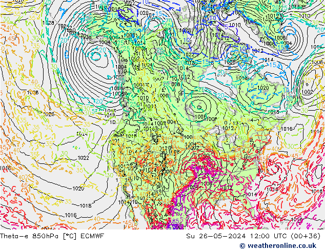 Theta-e 850hPa ECMWF dom 26.05.2024 12 UTC