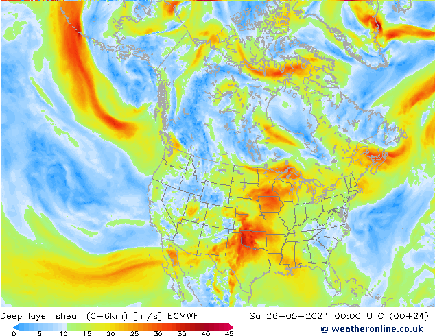 Deep layer shear (0-6km) ECMWF So 26.05.2024 00 UTC