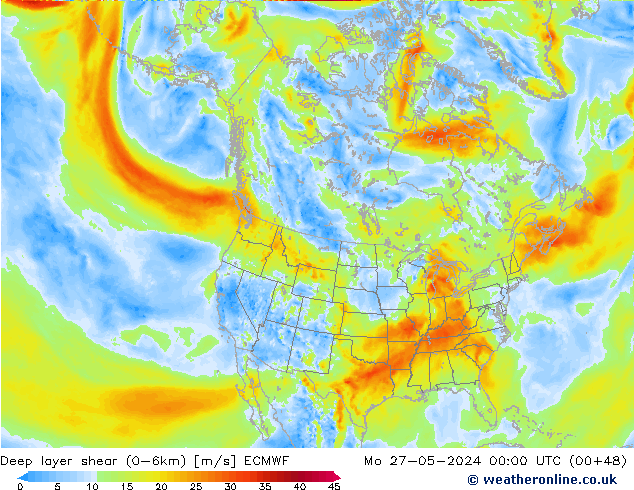 Deep layer shear (0-6km) ECMWF Pzt 27.05.2024 00 UTC