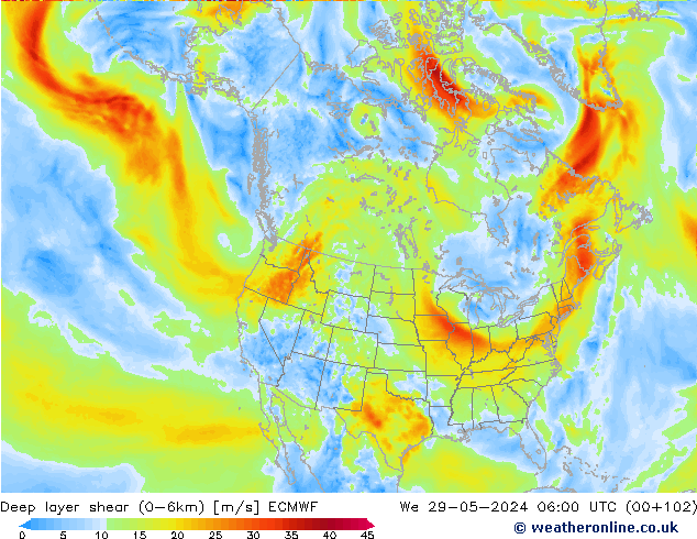 Deep layer shear (0-6km) ECMWF ср 29.05.2024 06 UTC