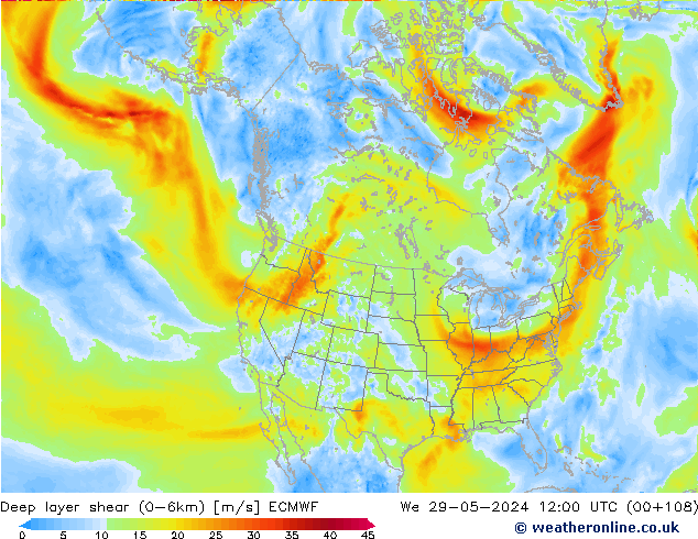 Deep layer shear (0-6km) ECMWF wo 29.05.2024 12 UTC