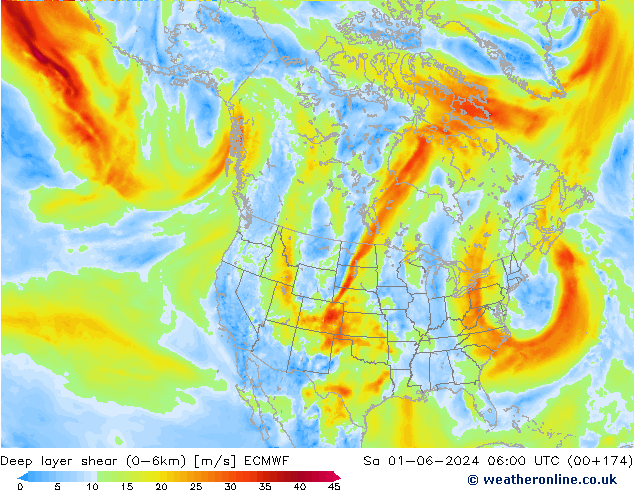 Deep layer shear (0-6km) ECMWF za 01.06.2024 06 UTC