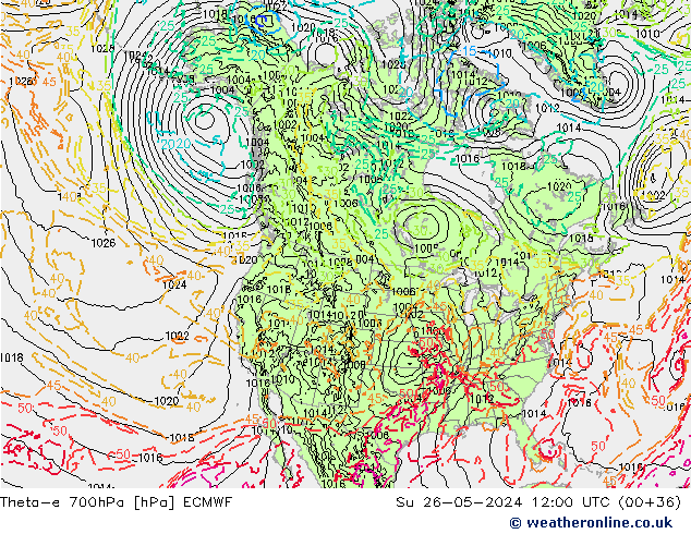 Theta-e 700hPa ECMWF So 26.05.2024 12 UTC