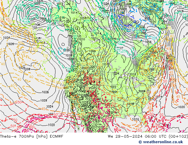 Theta-e 700hPa ECMWF Qua 29.05.2024 06 UTC