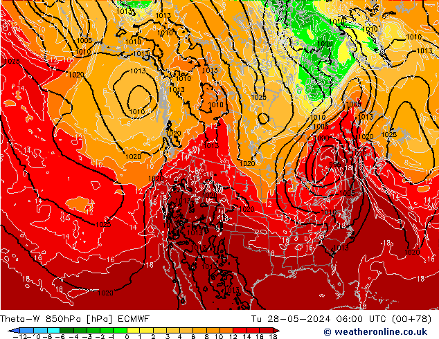 Theta-W 850hPa ECMWF wto. 28.05.2024 06 UTC