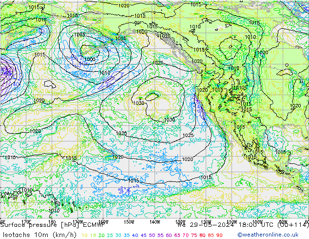 Isotachs (kph) ECMWF We 29.05.2024 18 UTC