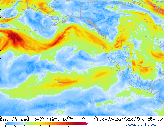 Deep layer shear (0-6km) ECMWF gio 30.05.2024 00 UTC