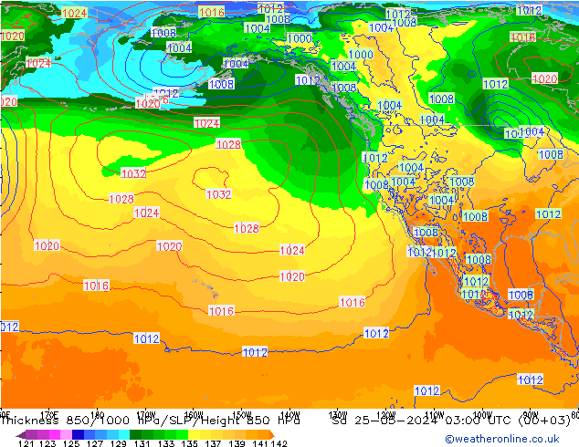 Thck 850-1000 гПа ECMWF сб 25.05.2024 03 UTC