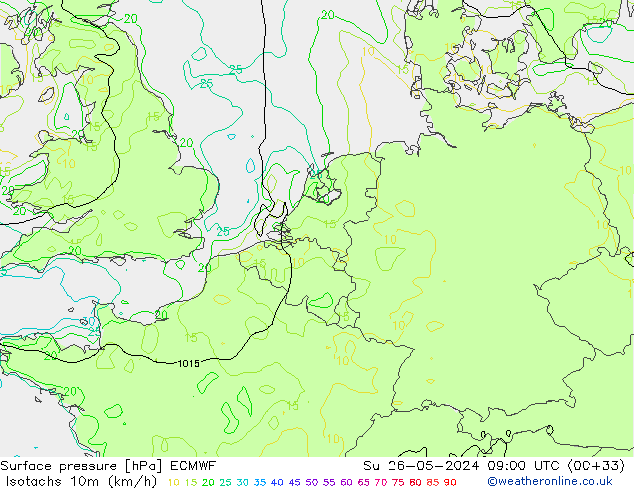 Isotachen (km/h) ECMWF zo 26.05.2024 09 UTC