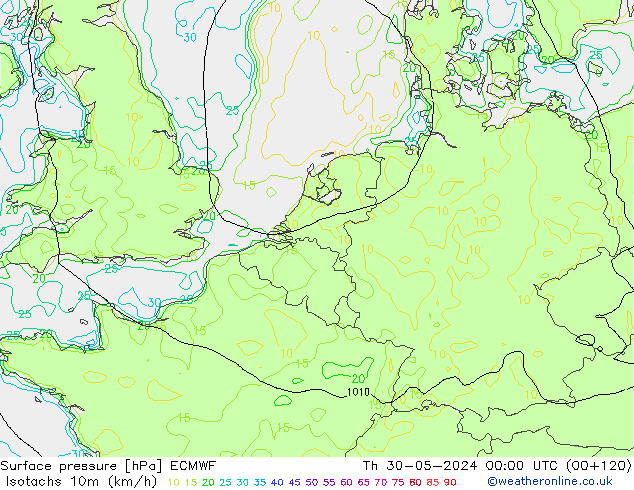 Isotachen (km/h) ECMWF do 30.05.2024 00 UTC