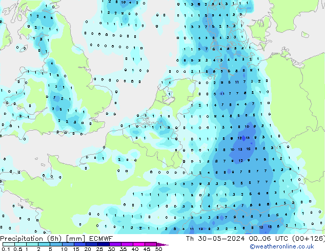 Precipitazione (6h) ECMWF gio 30.05.2024 06 UTC