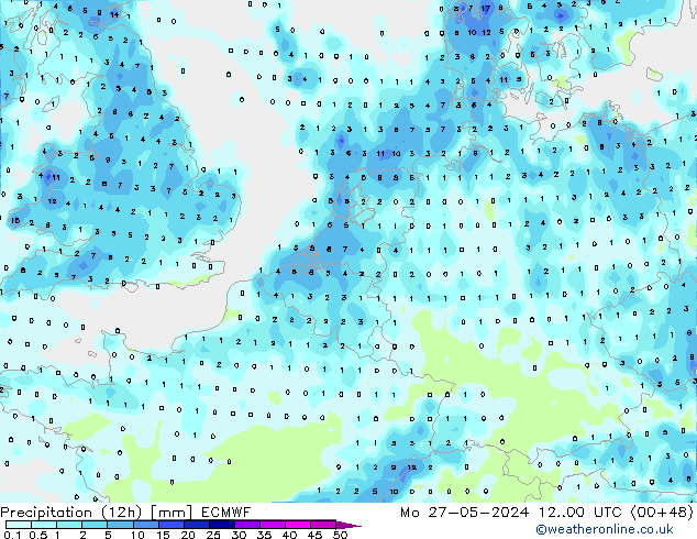 осадки (12h) ECMWF пн 27.05.2024 00 UTC