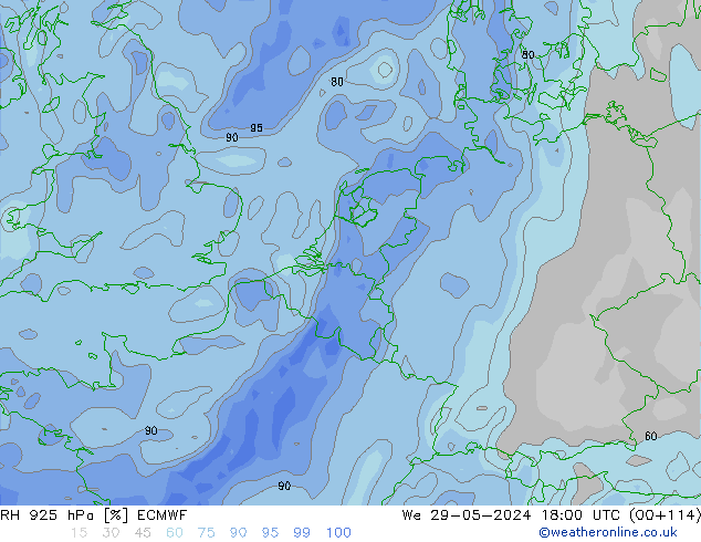 Humedad rel. 925hPa ECMWF mié 29.05.2024 18 UTC