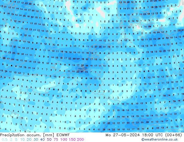 Precipitation accum. ECMWF pon. 27.05.2024 18 UTC