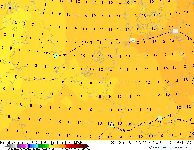 Height/Temp. 925 hPa ECMWF So 25.05.2024 03 UTC