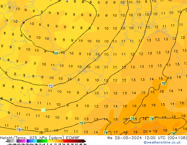 Height/Temp. 925 hPa ECMWF We 29.05.2024 12 UTC