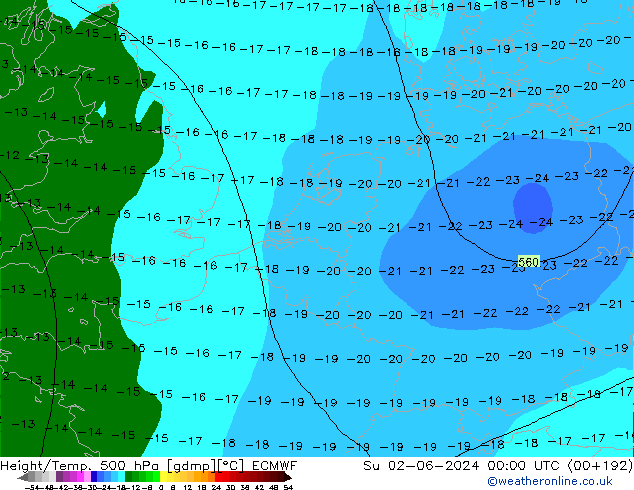 Height/Temp. 500 hPa ECMWF Su 02.06.2024 00 UTC