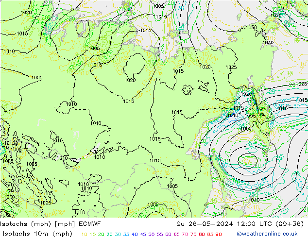 Isotachen (mph) ECMWF So 26.05.2024 12 UTC