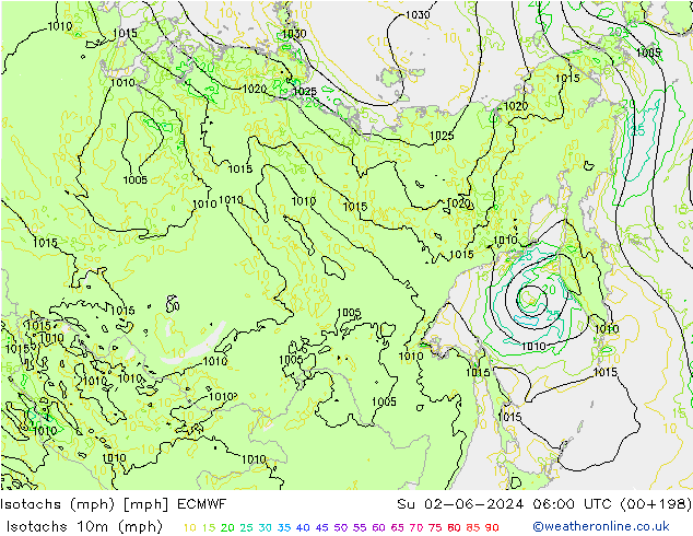Isotachen (mph) ECMWF zo 02.06.2024 06 UTC