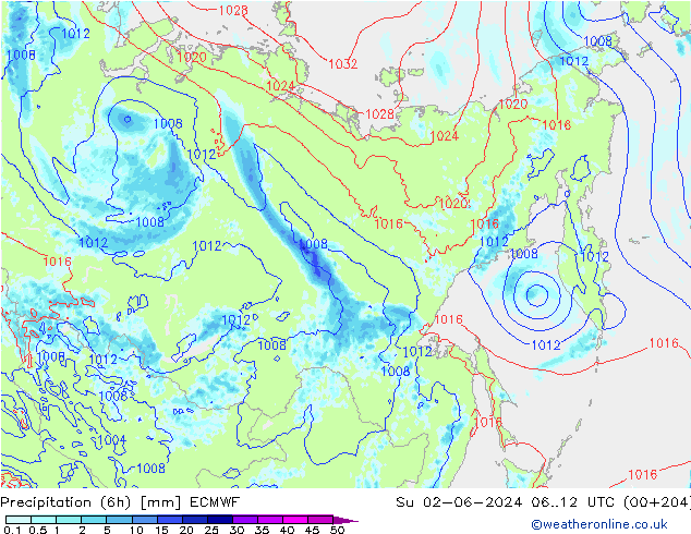 Precipitation (6h) ECMWF Su 02.06.2024 12 UTC
