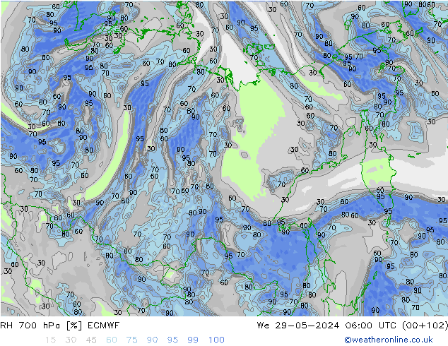 RH 700 hPa ECMWF St 29.05.2024 06 UTC