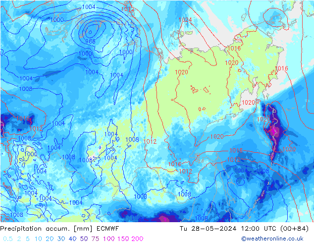 Precipitation accum. ECMWF mar 28.05.2024 12 UTC