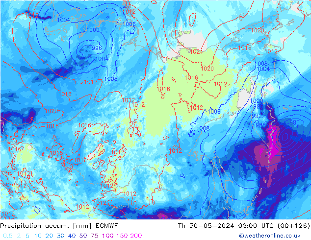 Precipitation accum. ECMWF gio 30.05.2024 06 UTC