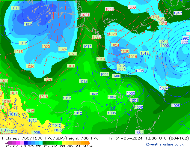 Schichtdicke 700-1000 hPa ECMWF Fr 31.05.2024 18 UTC