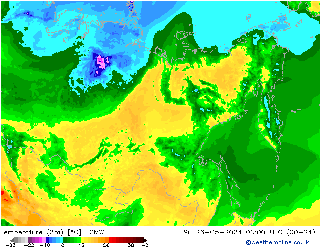 Temperatuurkaart (2m) ECMWF zo 26.05.2024 00 UTC