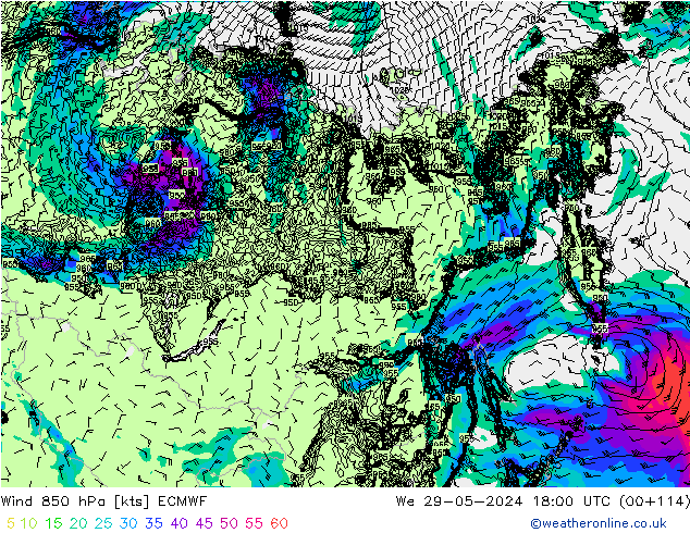 ветер 850 гПа ECMWF ср 29.05.2024 18 UTC