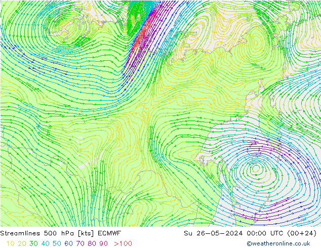 Stroomlijn 500 hPa ECMWF zo 26.05.2024 00 UTC