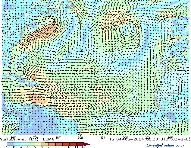 Vent 10 m (bft) ECMWF mar 04.06.2024 00 UTC