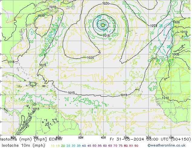 Isotachs (mph) ECMWF Fr 31.05.2024 06 UTC