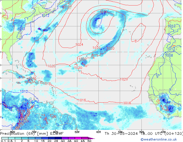 Totale neerslag (6h) ECMWF do 30.05.2024 00 UTC